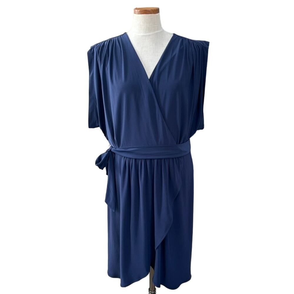 White House Black Market Navy Matte Jersey Surplice Faux Wrap Dress Large WHBM